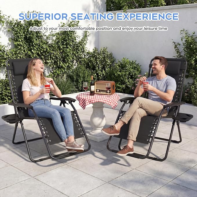 Set of 2 Adjustable Zero Gravity Lounge Chairs Outdoor Recliner w/Cup Holder - Image 4