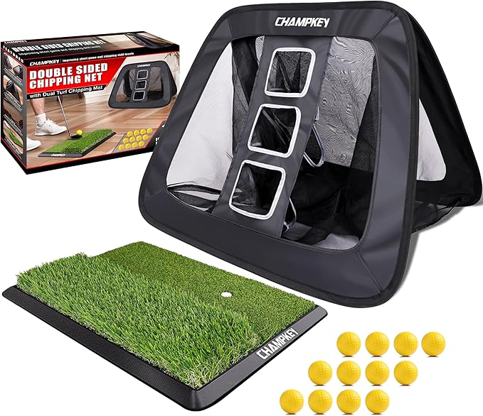 CHAMPKEY Double -Sided Golf Chipping Net with Mat and 12 Foam Balls - Professional Golf Practice Net Ideal for Indoor and Outdoor Training