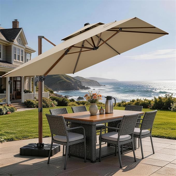 10x13FT Cantilever Outdoor Patio Umbrellas, Double Top Wood Pattern Rectangle by ORYNTREX