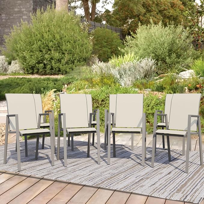Outdoor Patio Chairs Set of 8, Ivory Beige Stackable Outdoor Chairs, by Home