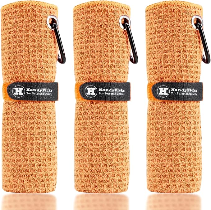 Handy Picks Microfiber Golf Towel (16" X 16") with Carabiner Clip, Waffle Pattern Golf Towel Hook and Loop Fastener - The Convenient Golf Cleaning Towel