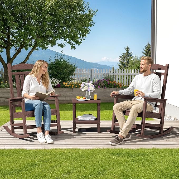 SERWALL Outdoor Rocking Chair Set of 4, Patio Rocking Chair, Coffee | HDPE - Image 2