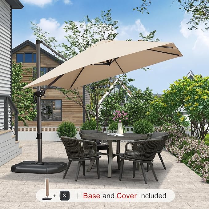 PURPLE LEAF Umbrella with Base & Cover 9' x 9' Custom Height Control Beige | - Image 2