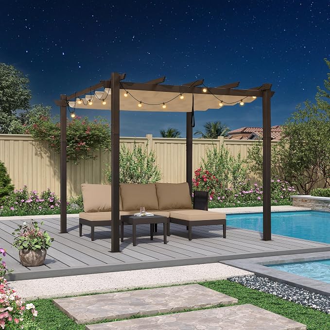 PURPLE LEAF Pergola Metal 10' x 10' Bronze Retractable Sun Shade, UV fabric by PURPLELEAF
