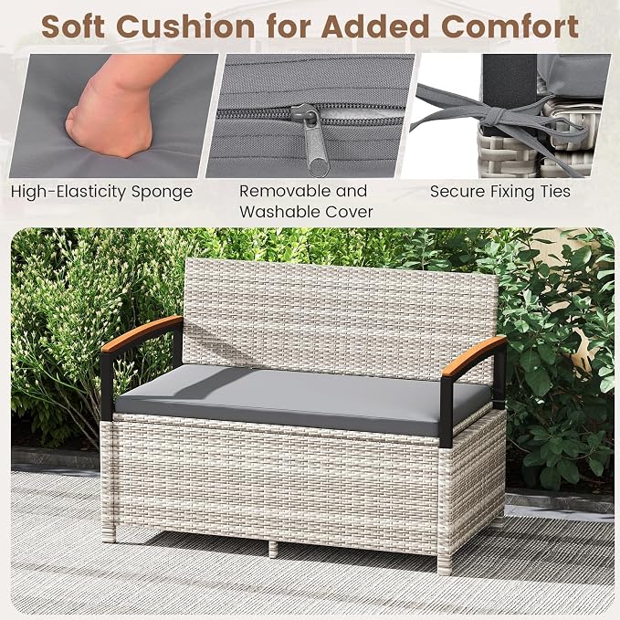 RELAX4LIFE Wicker Outdoor Storage Bench, Rattan Deck Box | 46 Gallon Mix Grey - Image 5