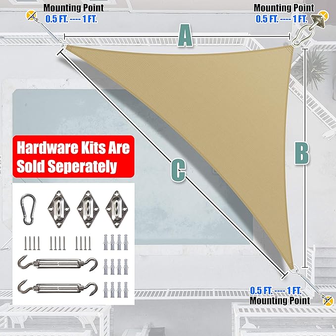 Amgo Custom Size 16' x 18' x 24.1' Sand Beige Right Triangle Sun Shade Sail - Image 6