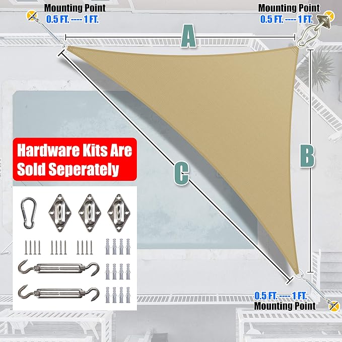 Amgo Custom Size 7' x 8' x 10.6' Sand Beige Right Triangle Sun Shade Sail - Image 6
