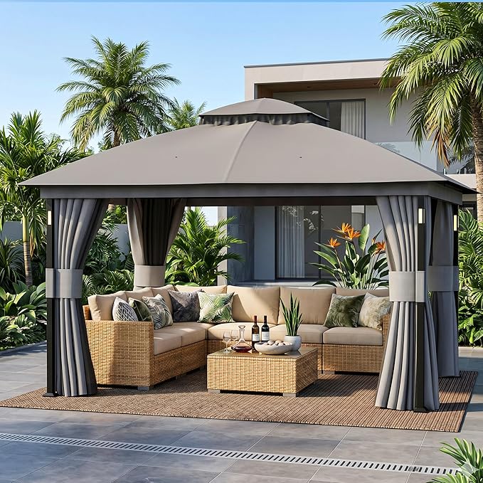 Patio Gazebo 11'x13' with LED Lights & Bluetooth Speaker, Heavy Duty Outdoor by CoveredOutdoor