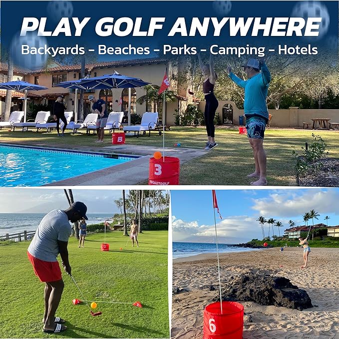 BucketGolf 9 Hole Bundle - Outdoor Golf Game for All Ages. Adults, Kids, Family. Play Anywhere. Yards, Beach, Park, Backyard. Includes 2 Right-Handed Clubs