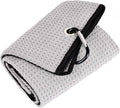 Mile High Life Tri-fold Golf Towel | 16" X 24" | Premium Microfiber Fabric | Waffle Pattern | with Heavy Duty Carabiner Clip | for Men and Women (Gray)