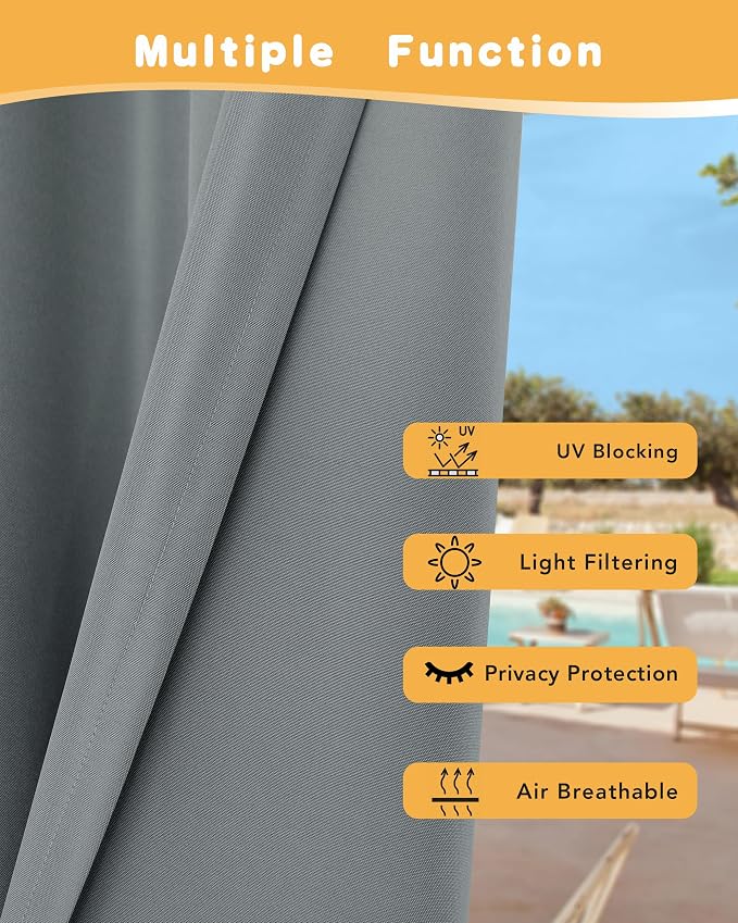 HolidayIdeas Outdoor Curtains for Patio Waterproof 4 Pcs 54x120 Inch Grey | - Image 3