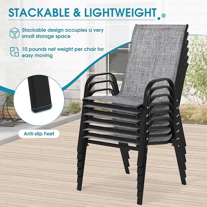 24.4" Wide Outdoor Stackable Chairs Set of 6 | Stacking Patio Chairs - Image 6