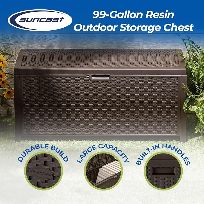 Suncast 99 Gallon Plastic Wicker Deck Box Container Storage - Image 2