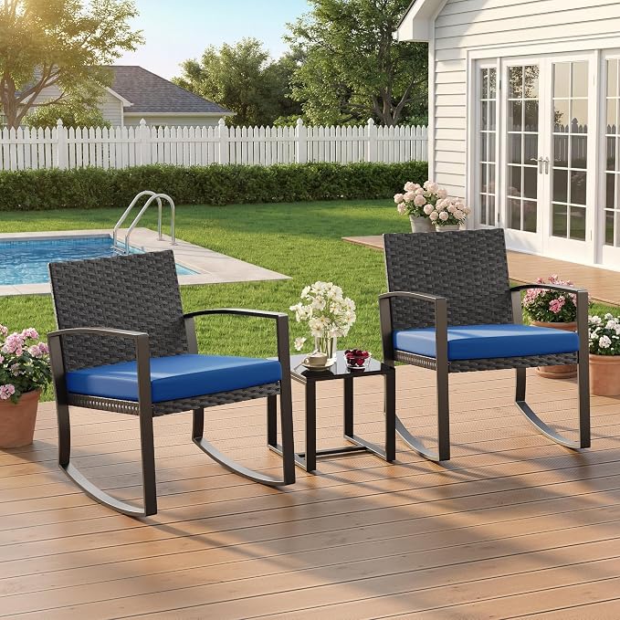 Qsun 3 Piece Patio Bistro Set Patio Furniture Set Outdoor Wicker Rocking - Image 4