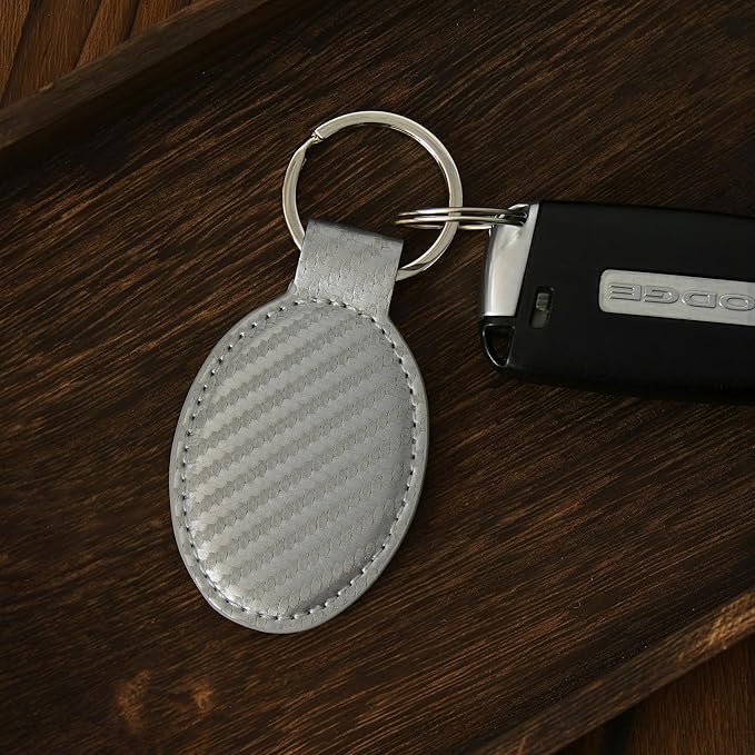 LaserGram Oval Keychain, Palm Trees, Personalized Engraving Included (Carbon Fiber Silver)