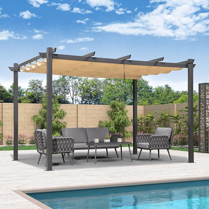 PURPLE LEAF Outdoor Retractable Pergola 11' X 13' Canopy Aluminum, Custom Shade by PURPLELEAF