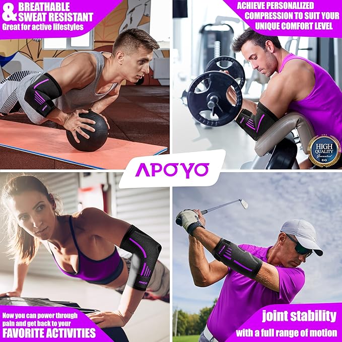 APOYO Elbow Brace for Tendonitis and Tennis Elbow, Elbow Compression Sleeve, Elbow Brace for Women and Men w/ Adjustable Strap for Tennis Elbow Relief, Weightlifting, Arthritis, Workouts, Reduce Joint Pain During Fitness Activity (Purple (Pair), Medium)
