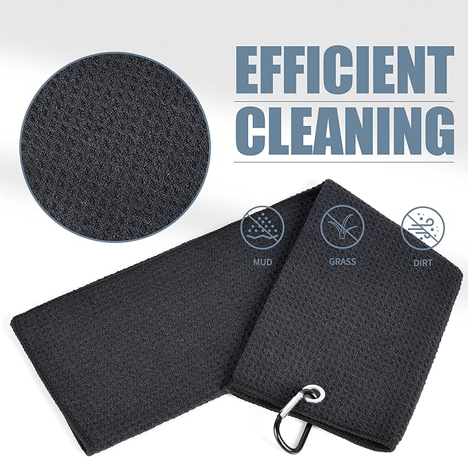 Mile High Life Tri-fold Golf Towel | 16" X 24" | Premium Microfiber Fabric | Waffle Pattern | with Heavy Duty Carabiner Clip | for Men and Women (Black)