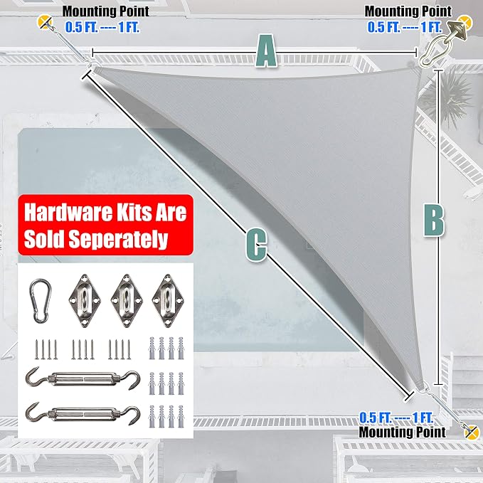 Amgo Custom Size 8' x 16' x 17.9' Gray Right Triangle Sun Shade Sail UPF50+ - Image 6