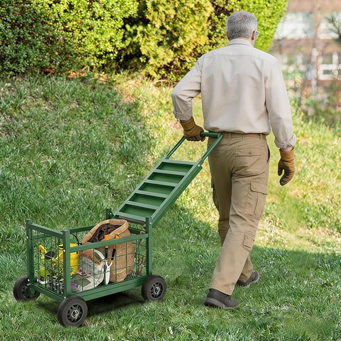 Extra Large Garden Cart with Seat, 3-in-1 Rolling Workseat with Wheels | - Image 4