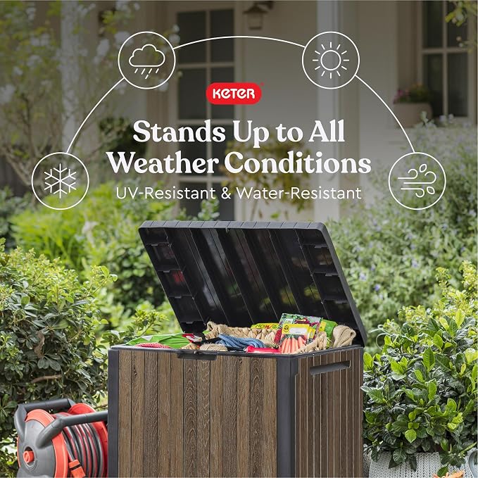 Keter Premium Everwood 30 Gal Outdoor Storage Box and Patio Side Table | Walnut - Image 3
