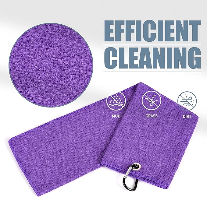 Mile High Life Tri-fold Golf Towel | 16" X 24" | Premium Microfiber Fabric | Waffle Pattern | with Heavy Duty Carabiner Clip | for Men and Women (2 Pack Purple)