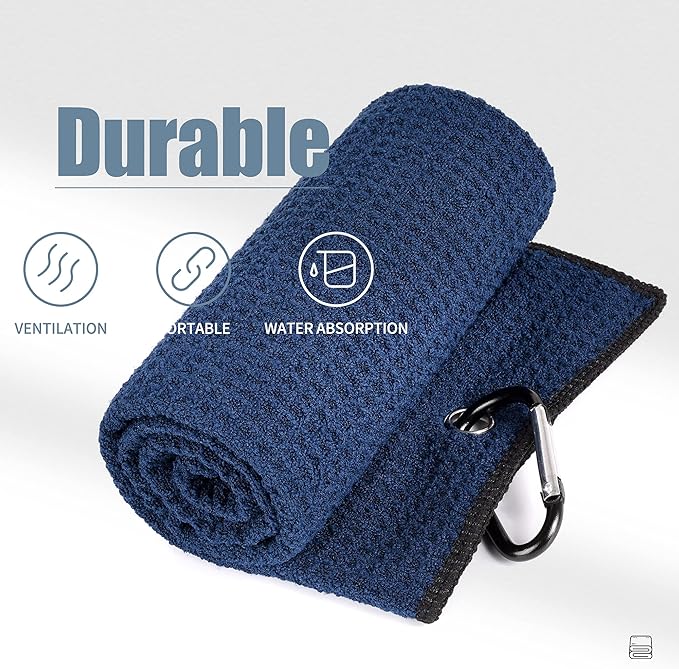 Mile High Life Microfiber Golf Towel, 21" X 24", Waffle Pattern w Clip, Super Absorbent Tri-fold Large Towels, Golf Bag Accessories for Men & Women（Navy）