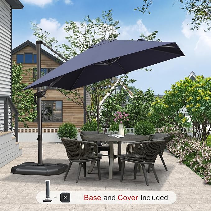 PURPLE LEAF Umbrella with Base & Cover 9' x 9' Custom Height Control Navy | - Image 2