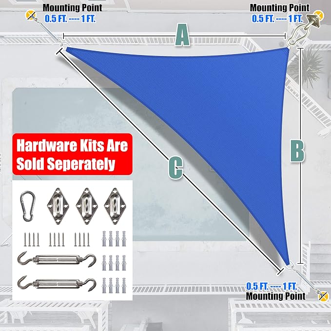 Amgo Custom Size 10' x 17' x 19.7' Blue Right Triangle Sun Shade Sail UPF50+ - Image 6