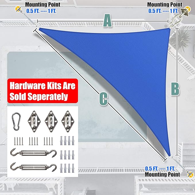 Amgo Custom Size 7' x 12' x 13.9' Blue Right Triangle Sun Shade Sail UPF50+ - Image 6