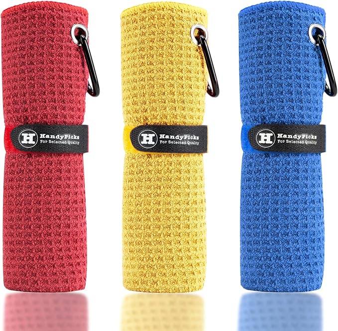 Handy Picks Microfiber Golf Towel (16" X 16") with Carabiner Clip, Waffle Pattern Golf Towel Hook and Loop Fastener - The Convenient Golf Cleaning Towel