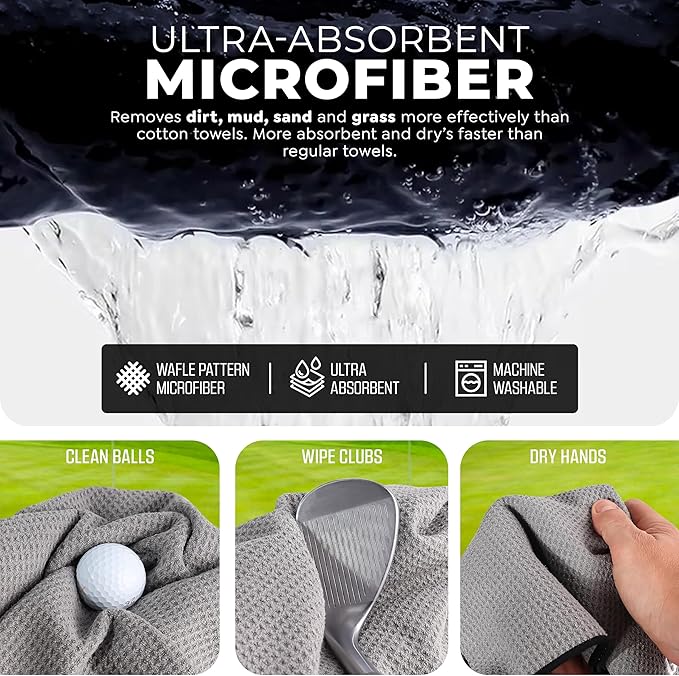 Golf'N Microfiber Towel - Magnetic Golf Towel Black 16" x 24" Golf Towels for Golf Bags with N52 Heavy Duty Magnets, Carabiner Clip & Cross Stitched Reinforced Loop, Premium Golf Accessories