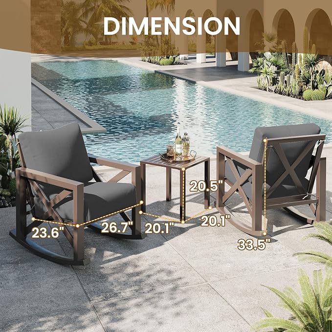 UDPATIO Rocking Chair Outdoor Oversized Metal Bistro Set 6.5" Cushion Grey | 3 - Image 3