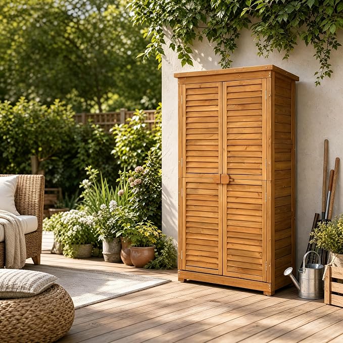 Outvita Outdoor Storage Cabinet, 63in Wooden Garden Tools Shed, Natural | 2 - Image 7