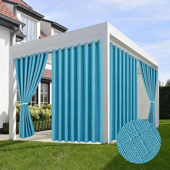 Linen Outdoor Curtains for Patio Waterproof 4 Pcs 110x95 In Teal | Light by HolidayIdeas