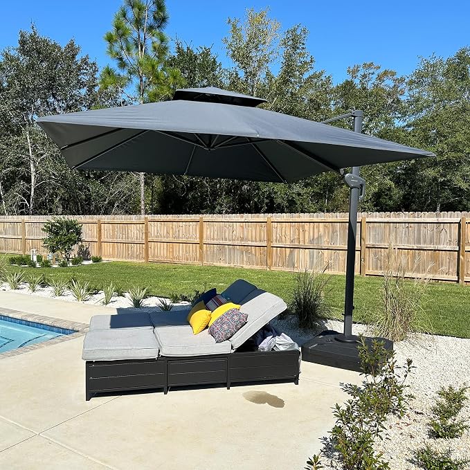PURPLE LEAF Cantilever Umbrella 10' X 10' Square Umbrella Double Top Grey | by PURPLELEAF