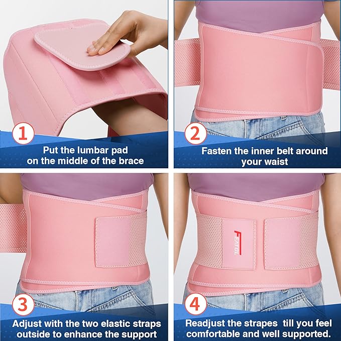 FEATOL Back Brace for Lower Back Pain, Breathable Back Support Belt for Women & Men with Lumbar Pad, Lumbar Support Belt for Heavy Lifting & Work, Pink, 5XL (Circumference:68-74.8")