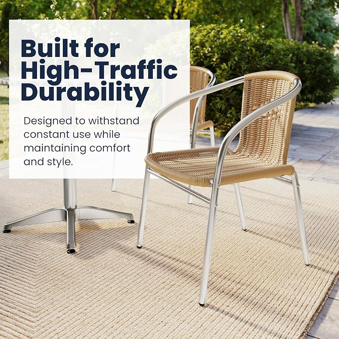 EMMA + OLIVER Aluminum and Beige Rattan Indoor-Outdoor Stack Chair | Outdoor - Image 5