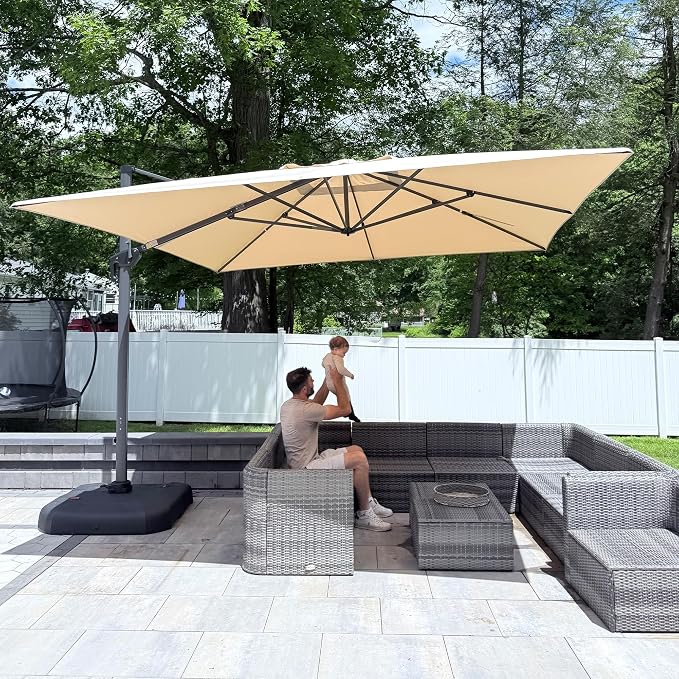 PURPLE LEAF Patio Telescopic Umbrella 11.5' x 11.5' Up Down Lifting Beige | by PURPLELEAF