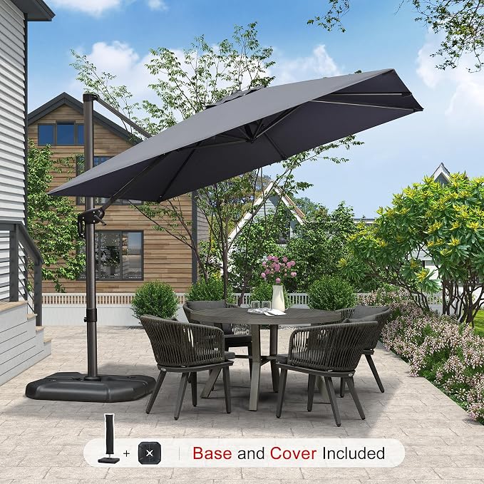 PURPLE LEAF Umbrella with Base & Cover 9' x 9' Custom Height Control Grey | - Image 2