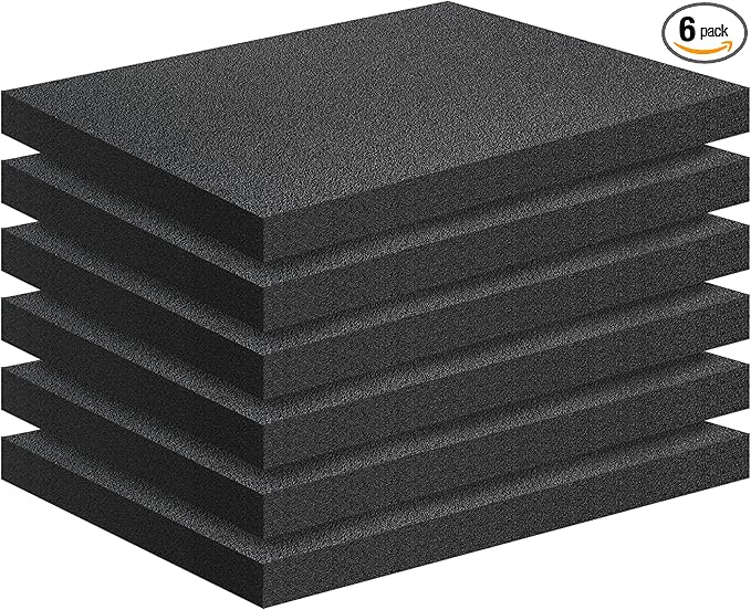 6 PCS Black Foam Padding- 16x12x1 Inch Polyurethane High Density Foam Cuttable Black Sheet Pad Cushioning Inserts for Packing Cases and Crafts