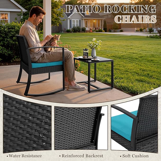 Homall Patio Furniture Set 3 Piece Resin Outdoor Bistro Set Rocking Patio Chairs - Image 2