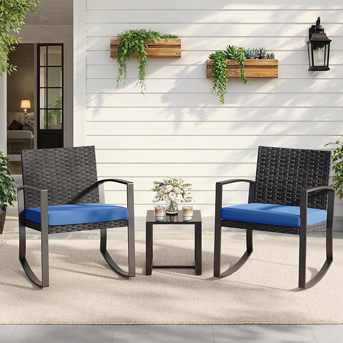 Qsun 3 Piece Patio Bistro Set Patio Furniture Set Outdoor Wicker Rocking - Image 8