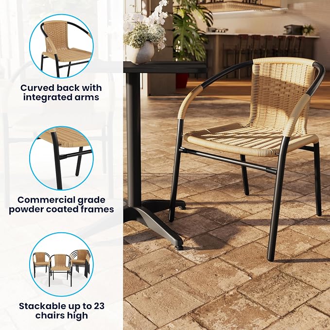 EMMA + OLIVER Beige PE Rattan Stackable Patio Dining Chair, Indoor/Outdoor Use - Image 5