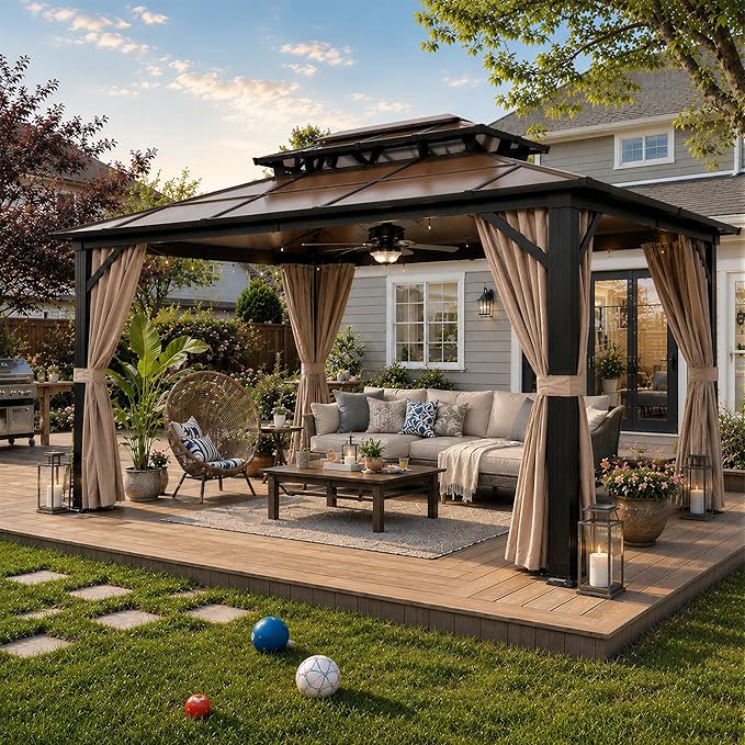 10'x13' Hardtop Gazebo, Outdoor Polycarbonate Double Roof Canopy, Aluminum by YOLENY