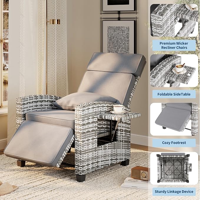 Garvee 2PCS Outdoor Wicker Recliner Chair, 145° Adjustable Backrest & Footrest - Image 5