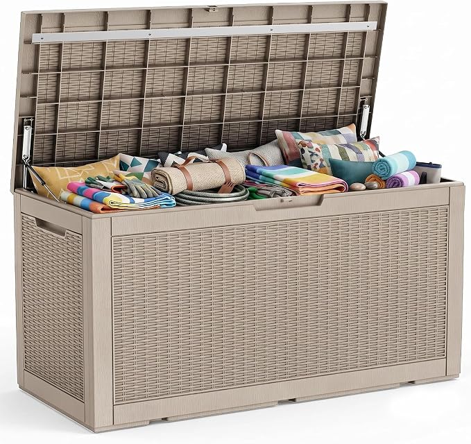 PatioZen 150 Gallon Resin Deck Box, Lockable Patio Outdoor Storage Box by OutdoorLivingPerfected