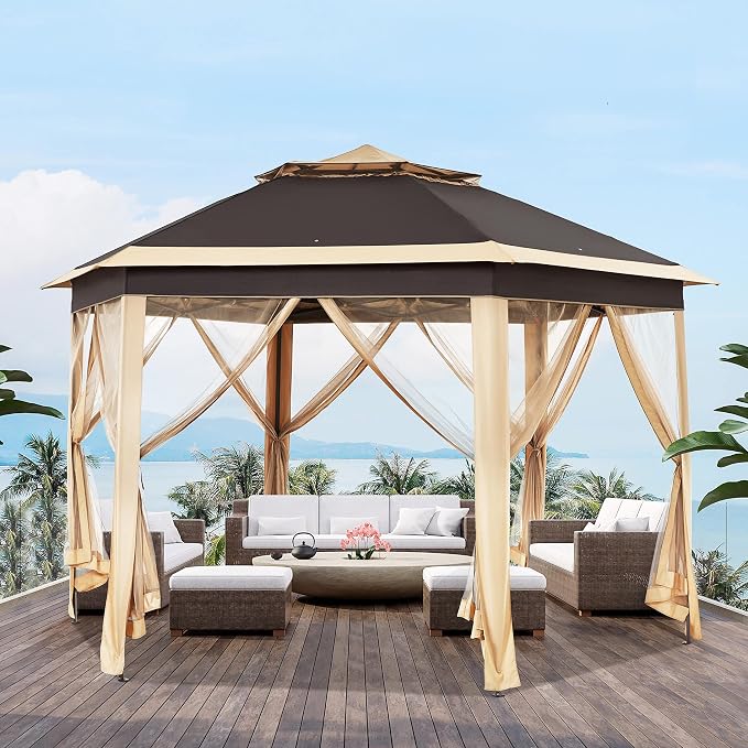 Yaheetech 13x13 Pop Up Gazebo Double-Tier w/Mesh Netting Patio Canopy Brown | - Image 2