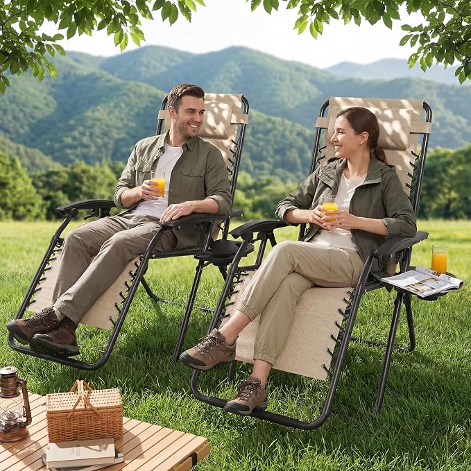 Set of 2 Adjustable Zero Gravity Lounge Chairs Outdoor Recliner w/Cup Holder - Image 2