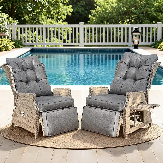 2 Pieces Outdoor Recliner with Adjustable Backrest and Footrest, PE Rattan by COMLAXFIELD